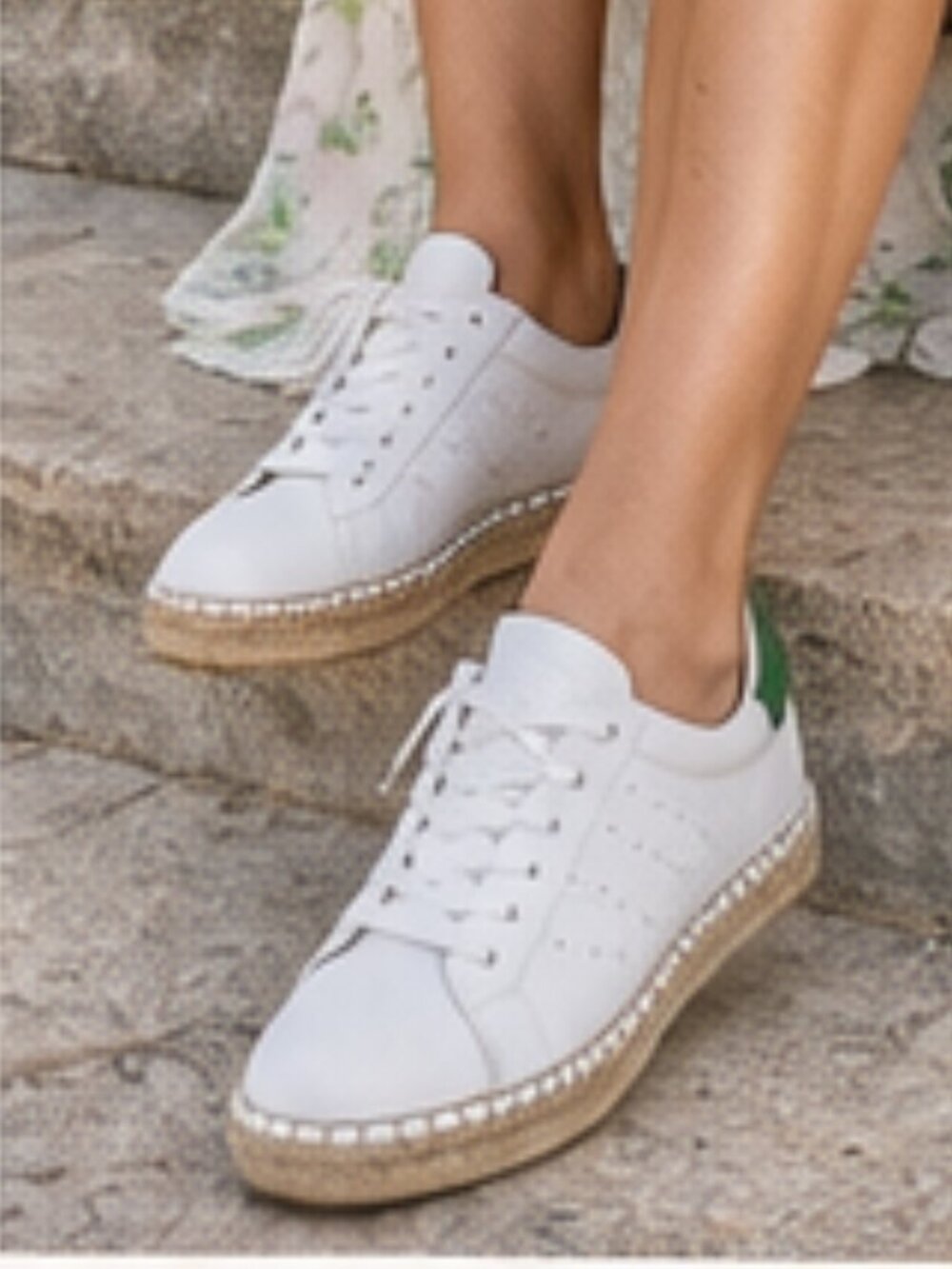Andrew Stevens Made in Spa White Leather Espadrille Sneakers Green Heel Size 36